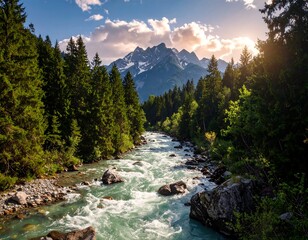 A vibrant river winds through a lush, verdant forest towards a majestic, snow-capped mountain range under a sunny sky