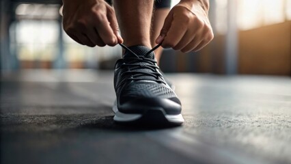 A person tying shoelaces on a black athletic sneaker in a well-lit indoor setting, emphasizing fitness and preparation.