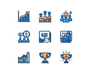 Business icons representing growth success teamwork and strategy isolated on transparent background