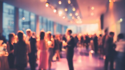 Blurred shot of business people at party or corporate event in office center. High quality