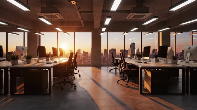 Modern office space with desks and chairs overlooking a city skyline at sunset.
