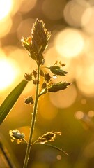 Close-up of a slender plant illuminated by warm, golden sunlight. Water droplets glisten, enhanced by a soft bokeh background