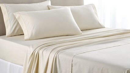 Cozy Bedding: A close-up shot of a pristine bed adorned with crisp, clean sheets and fluffy pillows, offering a sense of comfort and inviting relaxation.