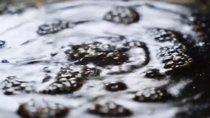 Closeup of a bubbling boiling liquid in a pan creating a dynamic and energetic surface with steam and movement ideal for cooking or scientific concepts.