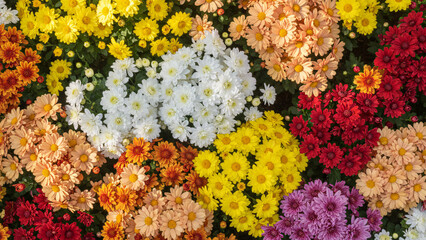 Beautiful seamless floral pattern of yellow daisies and colorful spring flowers blooming from above