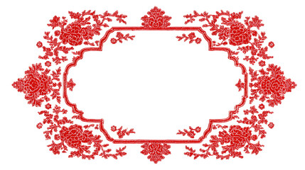 Thin red geometric frame with smooth decorative corner accents placed on white background showing a light elegant minimal layout