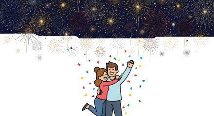 Festive illustration of a cheerful couple celebrating a special moment with a vibrant fireworks display and falling confetti, symbolizing joy and togetherness
