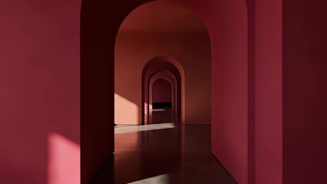 Minimalist interior with bold red accents, featuring mirrored floors, sleek couches, and vibrant pink archways, perfect for representing innovation, creativity, or forward thinking concepts in.