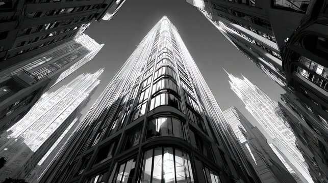Dramatic upward view of tall buildings with a central apex