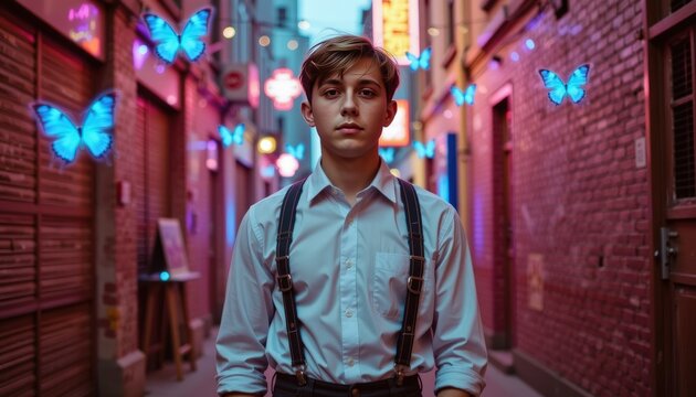 A fashionable young man in vintage suspenders standing in a neon lit alley where holographic butterf