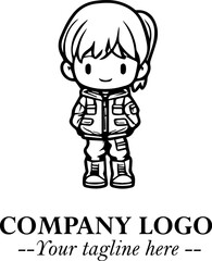 Black and White Chibi Girl Standing in Jacket, Pants, and Boots. Simple Bold Vector Illustration
