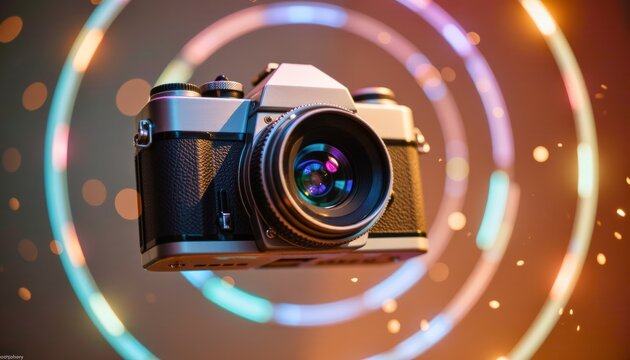 A vintage camera floating in mid air surrounded by holographic light rings soft dust particles and w - Powered by Adobe