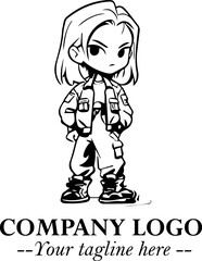 Black and White Chibi Girl Standing in Jacket, Pants, and Boots. Simple Bold Vector Illustration
