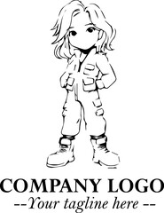 Black and White Chibi Girl Standing in Jacket, Pants, and Boots. Simple Bold Vector Illustration
