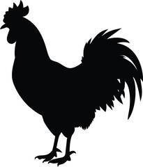 A striking silhouette of a powerful rooster standing prominently in profile