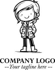 Black and White Chibi Girl Standing in Jacket, Pants, and Boots. Simple Bold Vector Illustration
