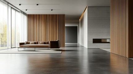 Fototapeta premium Modern Interior with Warm Brown Wooden Strips and Gray Concrete Floor 
