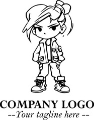 Black and White Chibi Girl Standing in Jacket, Pants, and Boots. Simple Bold Vector Illustration
