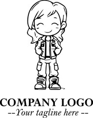 Black and White Chibi Girl Standing in Jacket, Pants, and Boots. Simple Bold Vector Illustration
