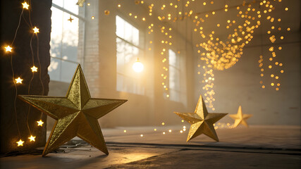 Golden stars and twinkling lights by a sunlit window