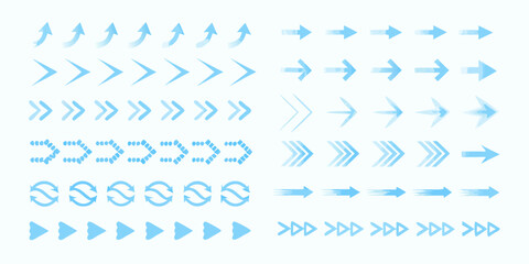 Collection of various blue arrow icons and symbols pointing in different directions and styles © Sanjoy