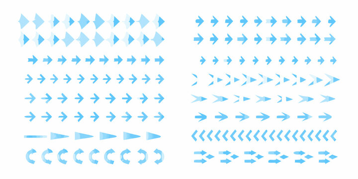 Collection of blue arrow icons and symbols in various styles and directions on white background