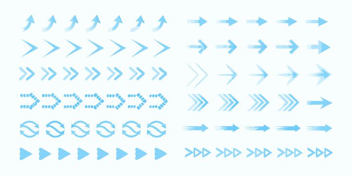 Collection of various blue arrow icons and symbols pointing in different directions and styles