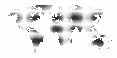World map represented by a pattern of dark dots on a white background