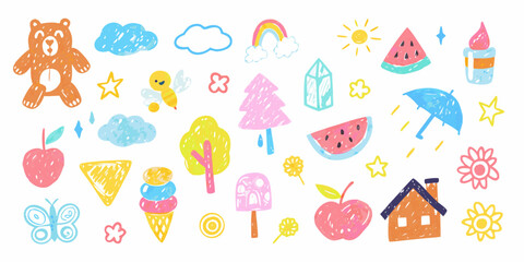 Collection of cute hand drawn crayon style illustrations for children including a teddy bear bee house and ice cream