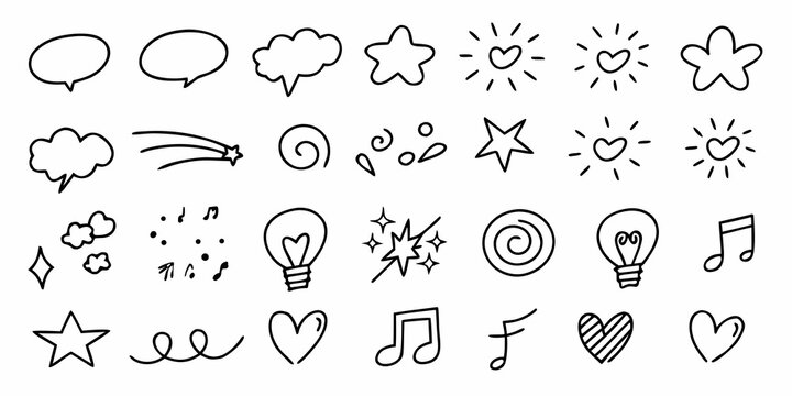 Collection of hand drawn doodle elements including speech bubbles stars hearts lightbulbs and musical notes