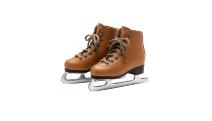 Vintage Brown Leather Ice Skates With Metal Blades Isolated on White Background