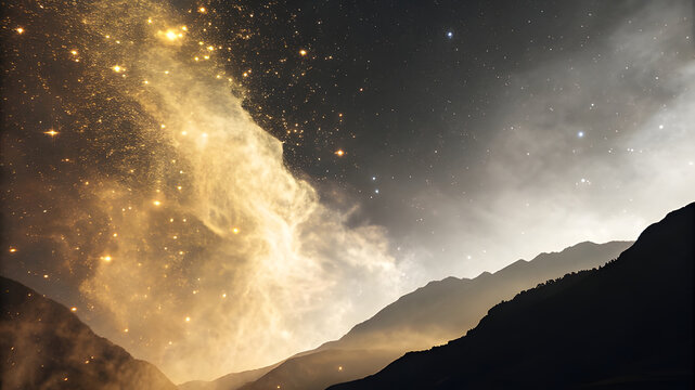Cosmic dust cloud illuminates mountain peaks under starry sky