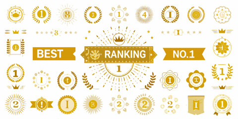 Collection of golden award badges medals crowns and ranking icons for best performance and first place