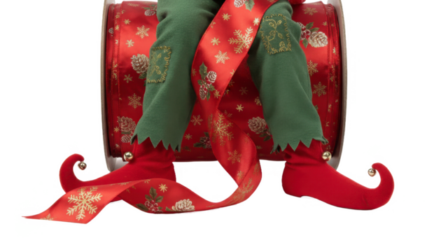 Christmas Elf With Red Ribbon on a Wooden Spool