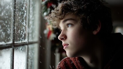 A young boy looking out a window at the snow