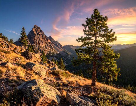 A vibrant sunrise casts golden light over rocky terrain and pine trees, revealing a majestic mountain range beneath a pastel sky - Powered by Adobe