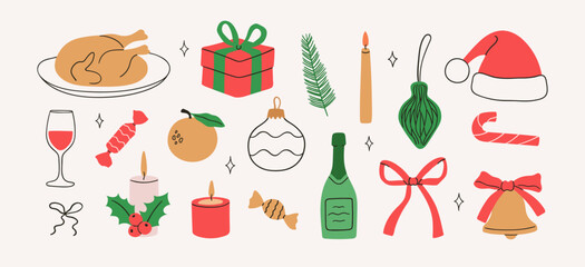 Fototapeta na wymiar Whimsical christmas new year set in doodle style. Hand-drawn christmas dinner.