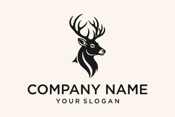 Black Deer Head Silhouette Logo with Antlers - Minimalist Stag Design Template