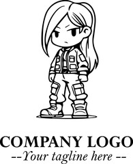 Black and White Chibi Girl Standing in Jacket, Pants, and Boots. Simple Bold Vector Illustration
