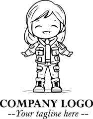 Black and White Chibi Girl Standing in Jacket, Pants, and Boots. Simple Bold Vector Illustration
