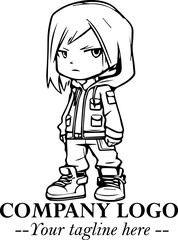 Black and White Chibi Girl Standing in Jacket, Pants, and Boots. Simple Bold Vector Illustration

