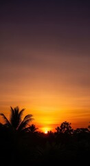 Dramatic evening sky illuminates the rural landscape with vibrant orange and purple light. Peaceful tropical nature background, serene, orange, yellow