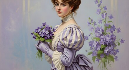 a lady in Edwardian gown holds a bouquet of violets, gaze turned shyly away. Medium portrait shot with painterly texture.