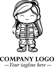 Black and White Chibi Girl Standing in Jacket, Pants, and Boots. Simple Bold Vector Illustration
