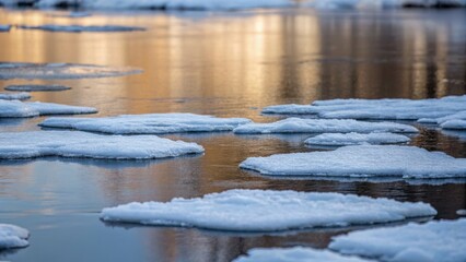 Fototapeta premium Ice formations float on a tranquil water surface, reflecting warm colors of the sunset, creating a serene winter landscape.