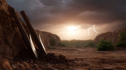 A dramatic sunset with lightning illuminates a dusty quarry landscape featuring two pickaxes