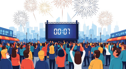 Thrilled crowd enjoying a festive countdown event with spectacular fireworks exploding over a vibrant city skyline at night, marking a special occasion