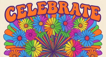 a bouquet of rainbow daisies radiates from the center like a kaleidoscope mandala.