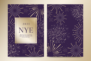 Elegant New Year Eve Invitation with Gold Fireworks and Purple Background