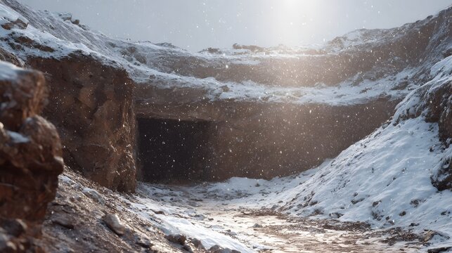 A desolate winter quarry landscape with falling snow and a dark mysterious tunnel entrance illuminated by soft sunlight